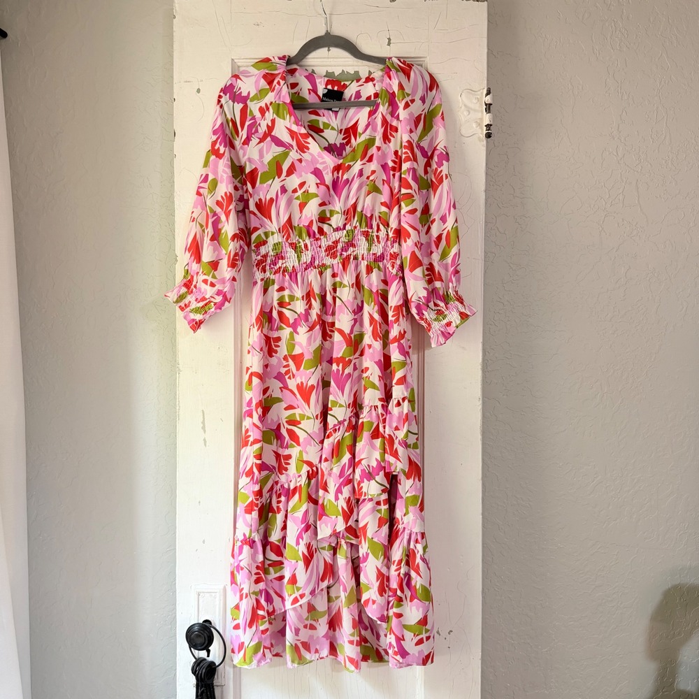 Maison Tara Pink Floral V-Neck Smocked Waist Ruffle High-Low Midi Dress Size 6